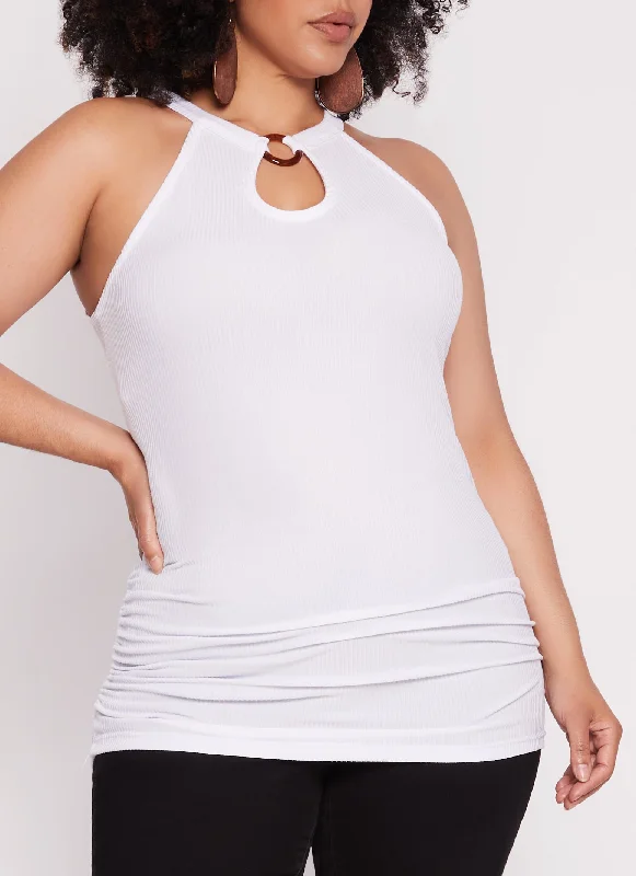 Plus Size O Ring Keyhole Ruched Tank Top