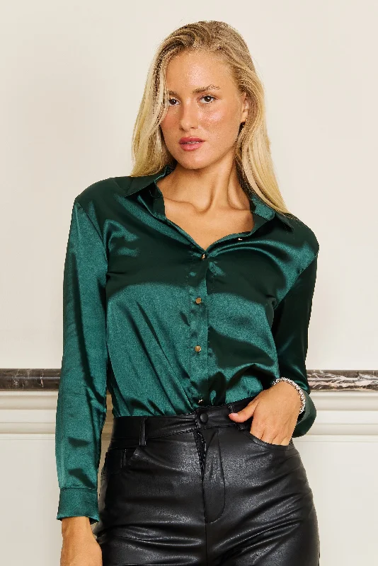 women's long sleeve tops with ribbed hemsDylan & Davids Formal Satin Long Sleeve Button Down Blouse Top Emerald