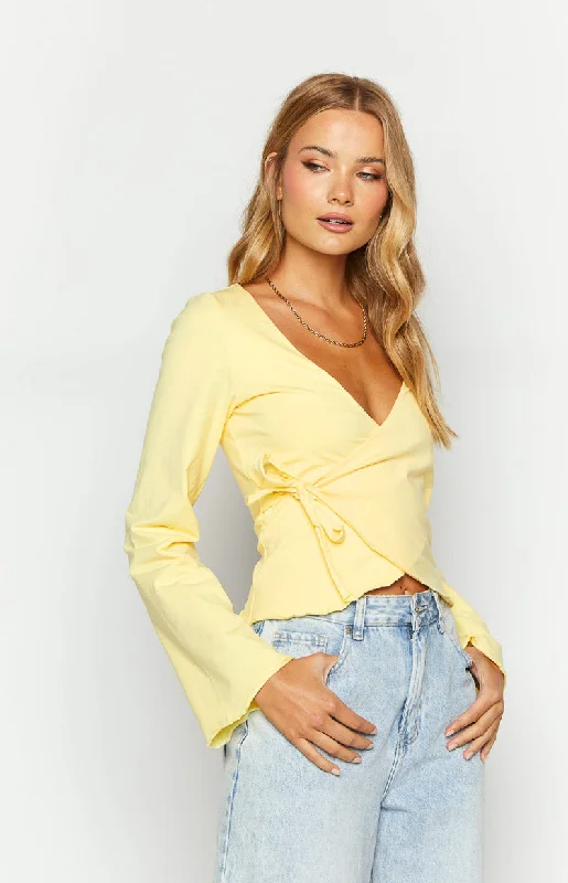 women's long sleeve tops with pocketsFantasize Yellow Long Sleeve Front Wrap Top