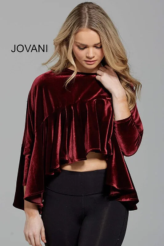 women's long sleeve tops with floral printsJovani M54990 Long Sleeve Velvet Crop Top