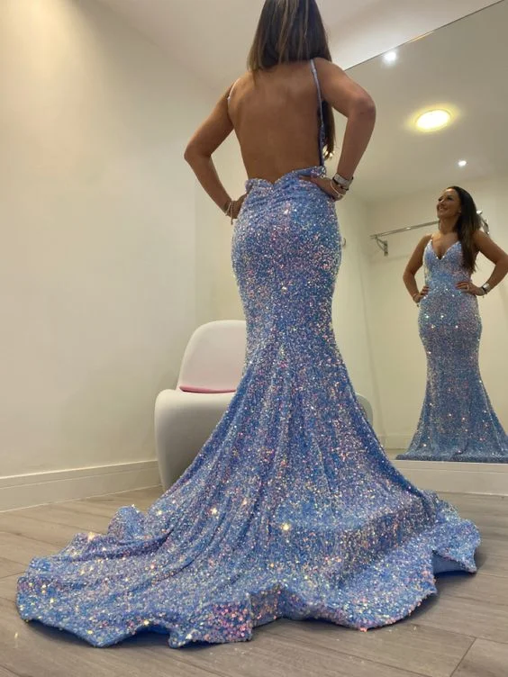 lace prom dresses2023 Sheath Sequins Sleeveless Sweep Train Prom Dresses    S2448