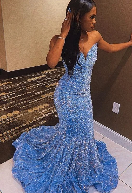 tulle prom dresses2023 Sheath Sequins Sweetheart Sleeveless Sweep Train Prom Dresses    S2444