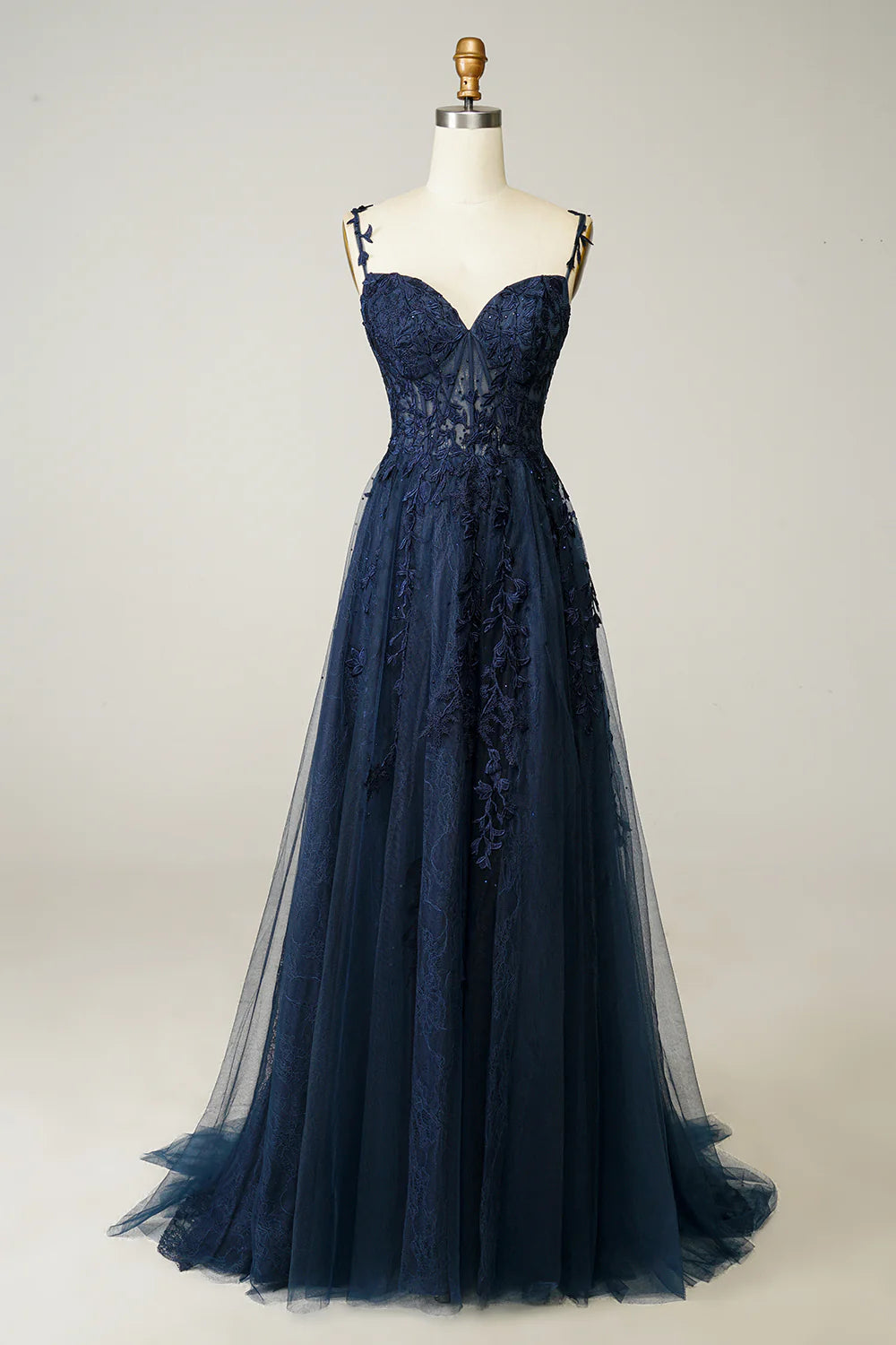 satin prom dressesA Line Spaghetti Straps Navy Prom Dress with Appliques