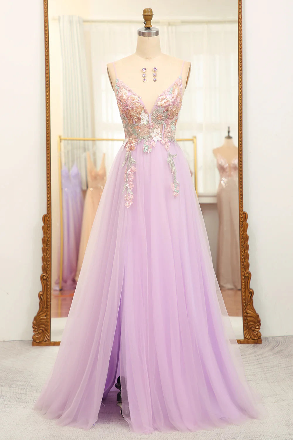 ball gown prom dressesAmzcw A-Line Spaghetti Straps Long Lilac Prom Dress with Flowers