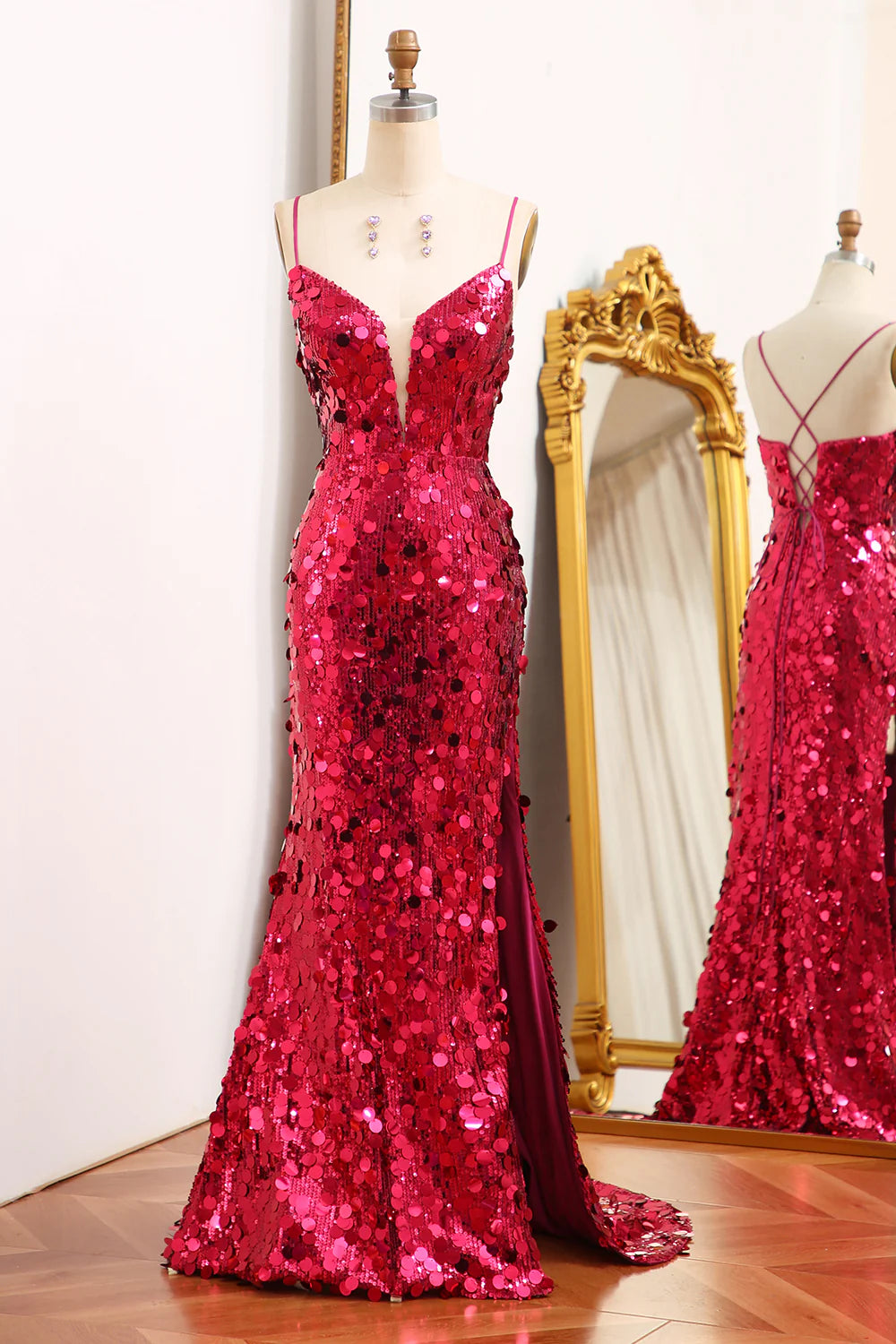 mini prom dressesAmzcw Fuchsia Mermaid Sparkly Sequins Long Prom Dress With Slit