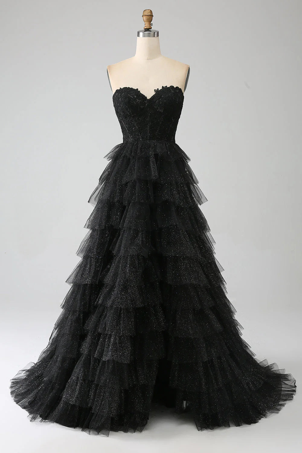 flowy prom dressesAmzcw Glitter A-Line Sweetheart Tiered Tulle Corset Long Black Prom Dress with Slit