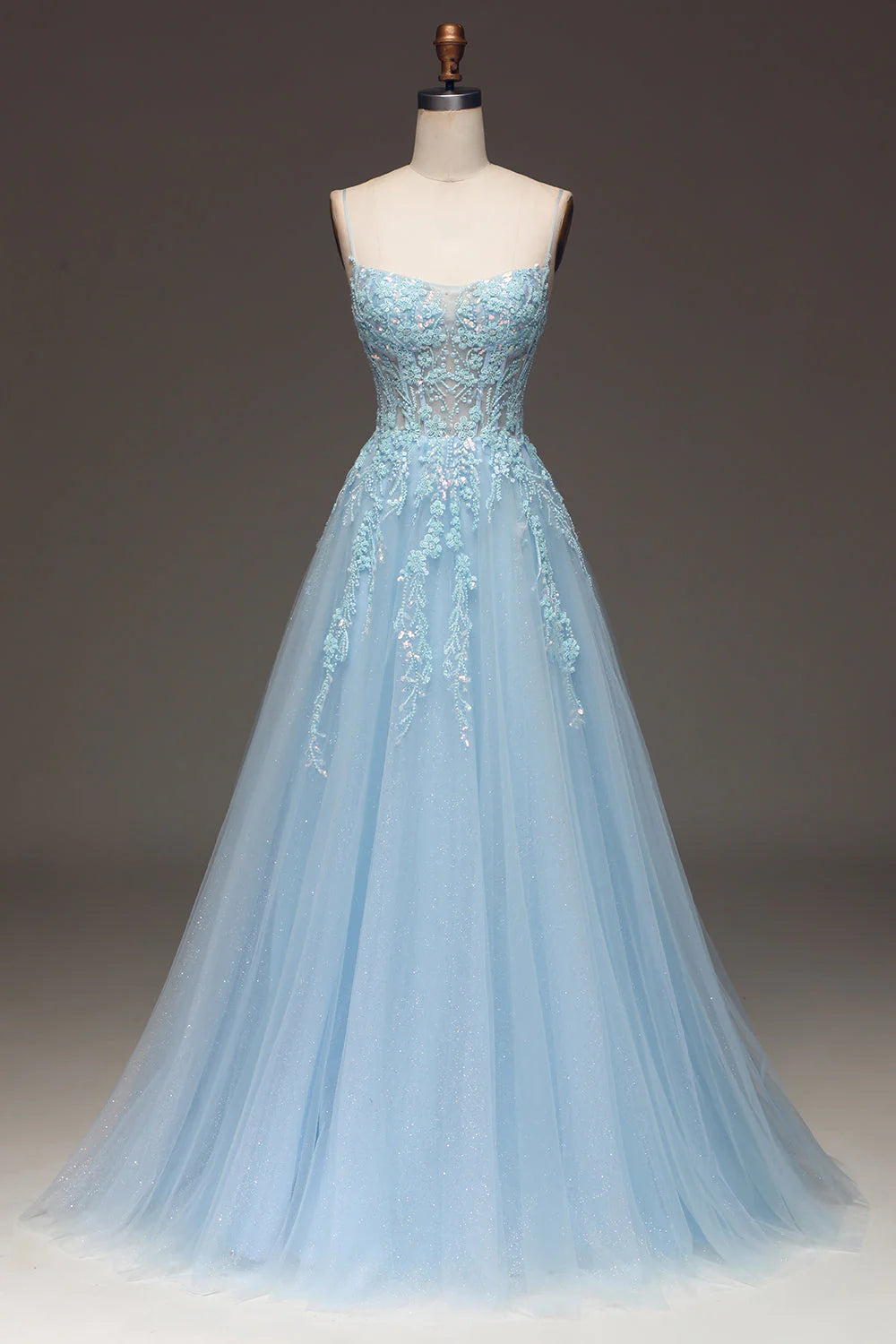 prom dresses for curve-hugging figuresAmzcw Light Blue A Line Spaghetti Straps Sequin Prom Dress With Appliques