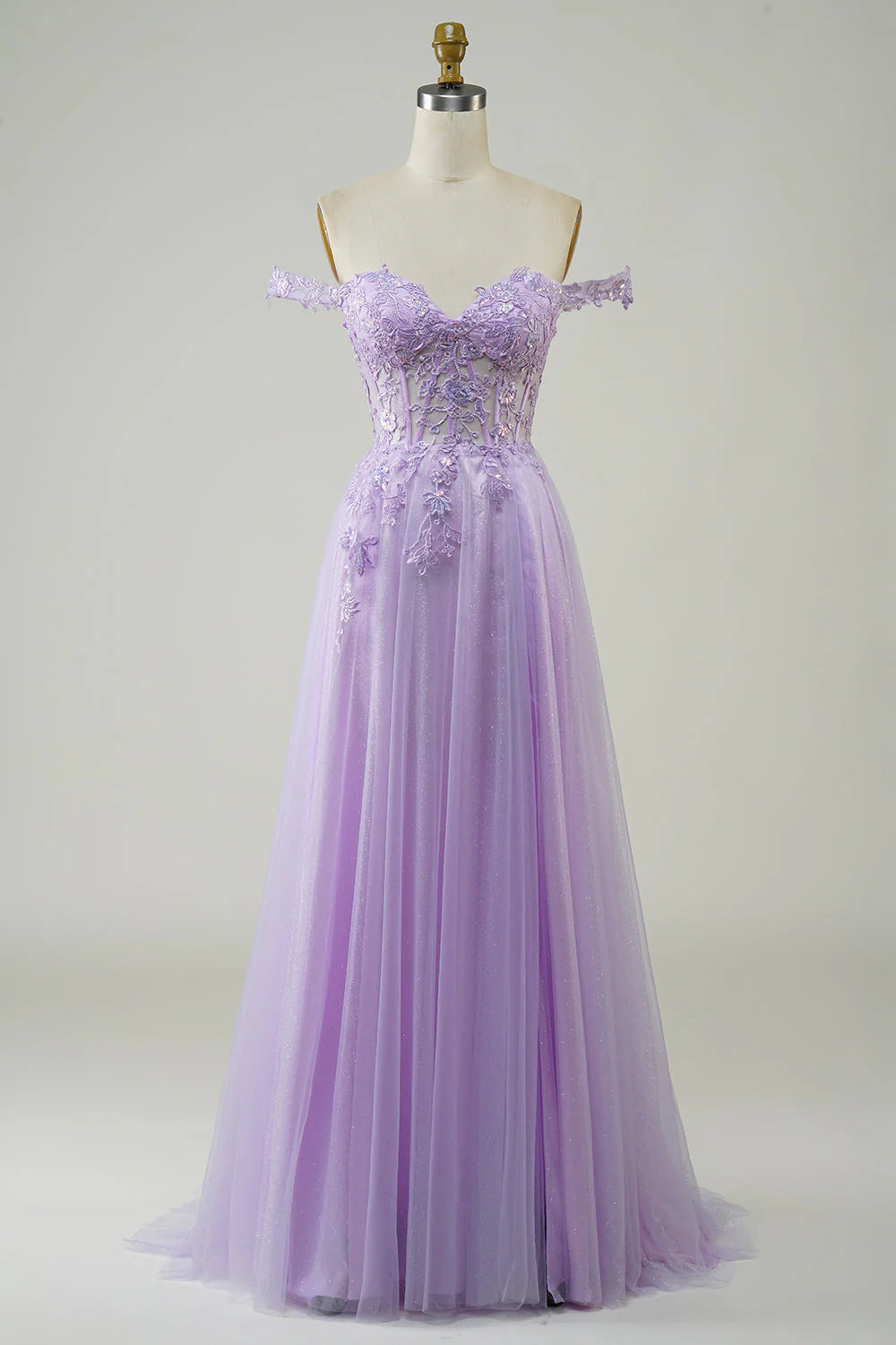 high-slit prom dressesAmzcw Purple A-Line Off The Shoulder Long Corset Tulle Prom Dress with Lace