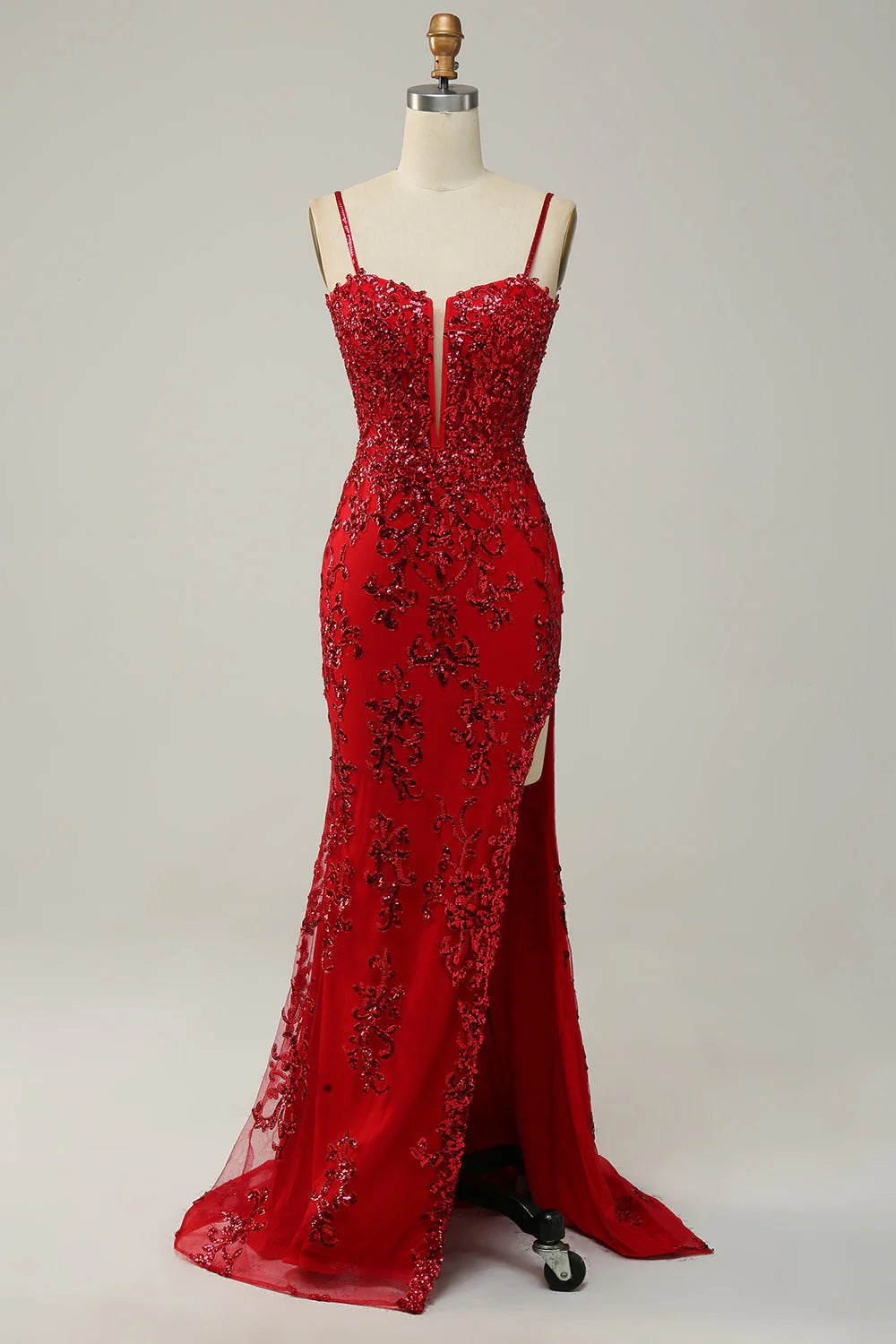 corset prom dressesAmzcw Red Mermaid Spaghetti Straps Sequins Long Prom Dress with Split Front