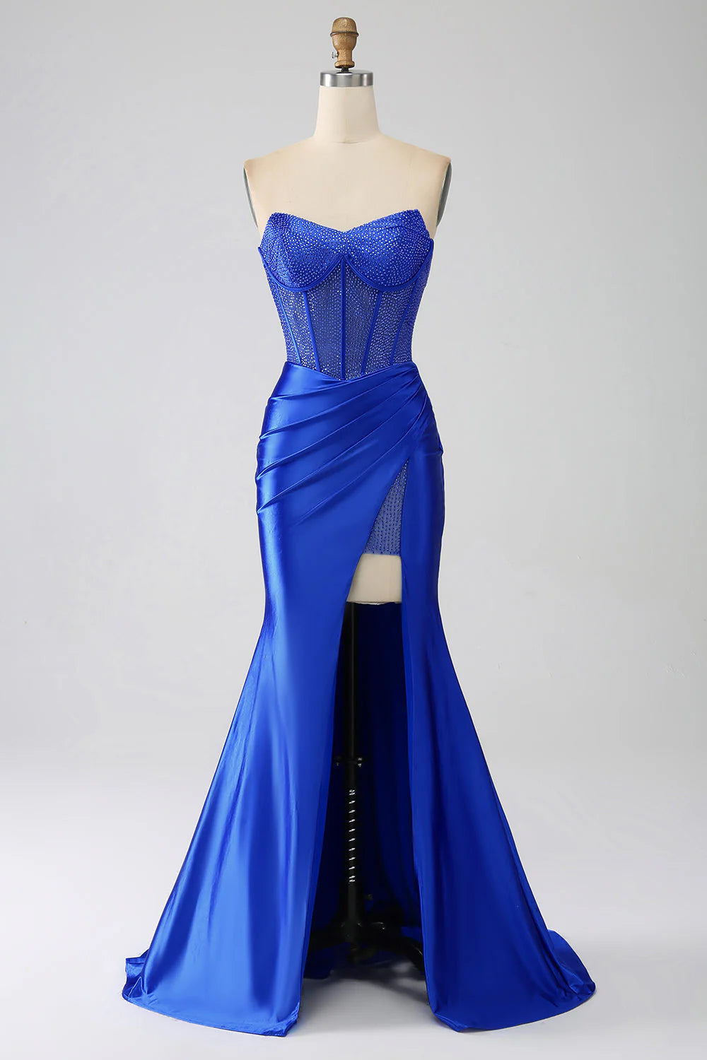 prom dress fitting adviceAmzcw Royal Blue Mermaid Strapless Corset Beaded Prom Dress with High Slit