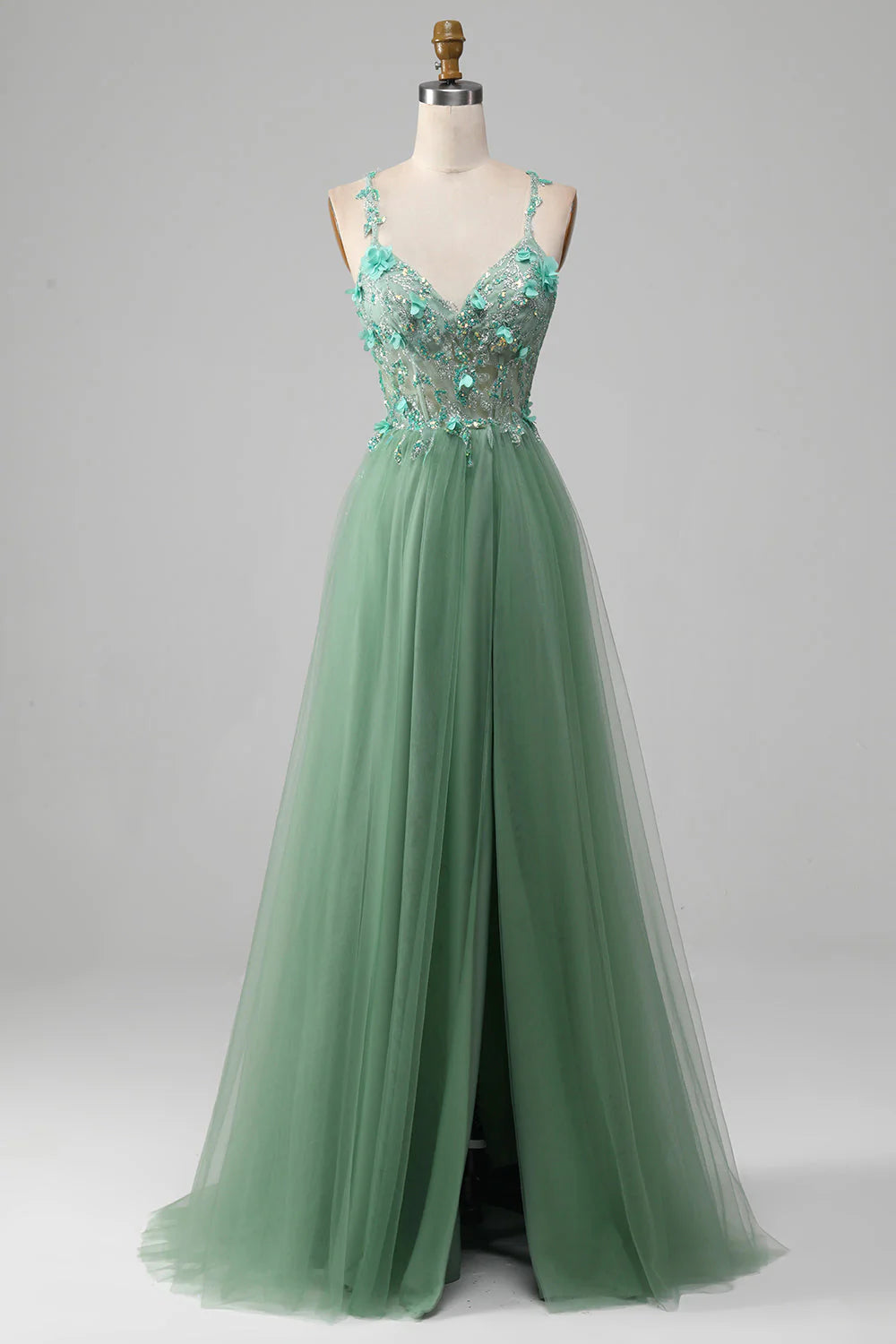 spaghetti strap prom dressesAmzcw Sparkly Green A-Line Spaghetti Straps Corset Prom Dress With Appliques