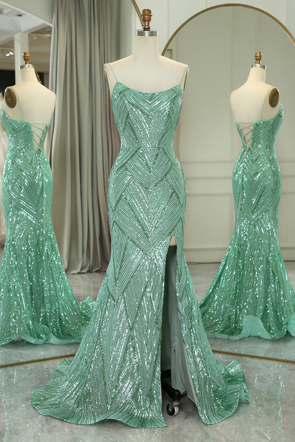 geometric print prom dressesAmzcw Sparkly Green Mermaid Spaghetti Straps Long Prom Dress With Slit