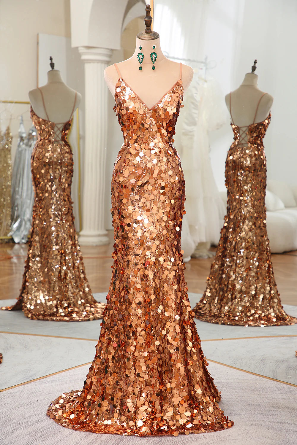 short prom dressesAmzcw Sparkly Rose Golden Mermaid Floor-Length Mirror Prom Dress With Slit