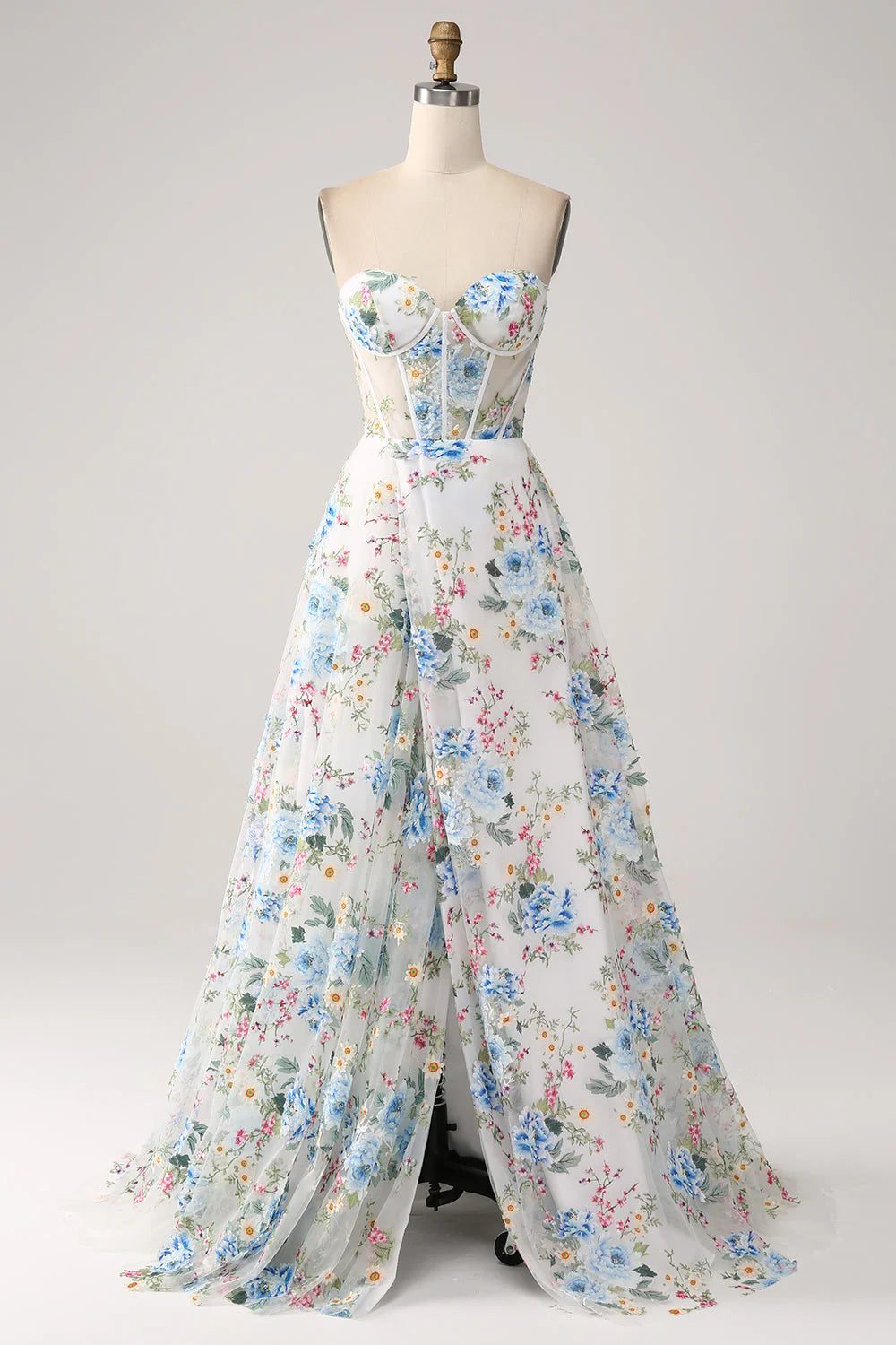 geometric print prom dressesAmzcw White Blue Flower A-Line Strapless Corset Long Prom Dress With Slit