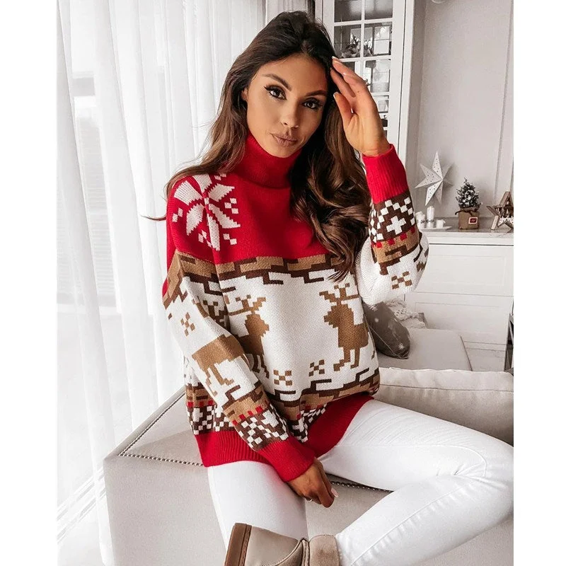 women's long sleeve tops with loose fitsChristmas Turtleneck Sweaters Long Sleeve Elk Snowflake Pattern Pullovers Loose