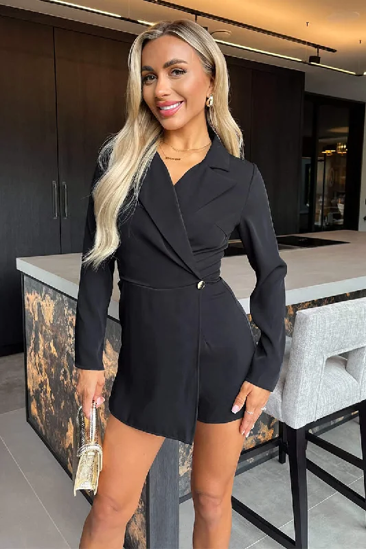 women's long sleeve tops with wrinkle-resistant fabricBlack Long Sleeve Wrap Blazer Playsuit