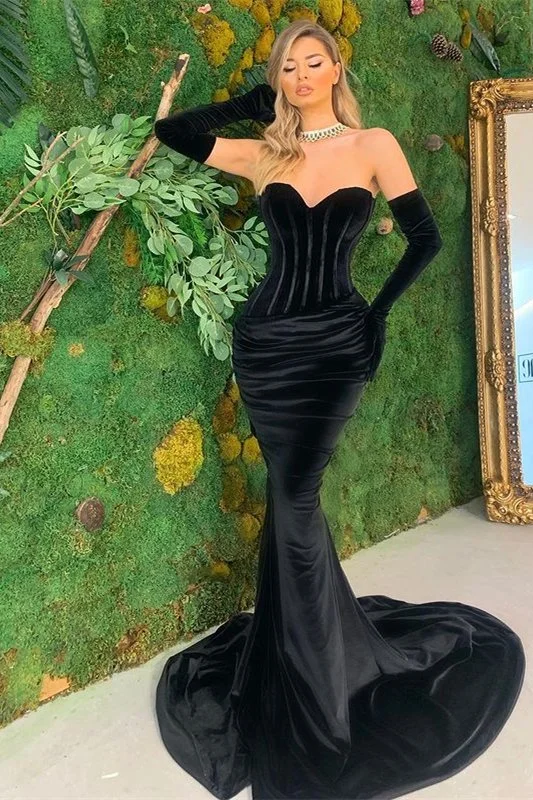 lace-up prom dressesBlack Sweetheart Mermaid Prom Dress Velvet Long    S2375