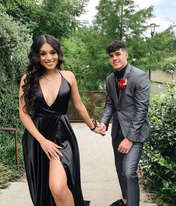 high-low prom dressesBlack V-neck Prom Dress with Side Slit     S2433