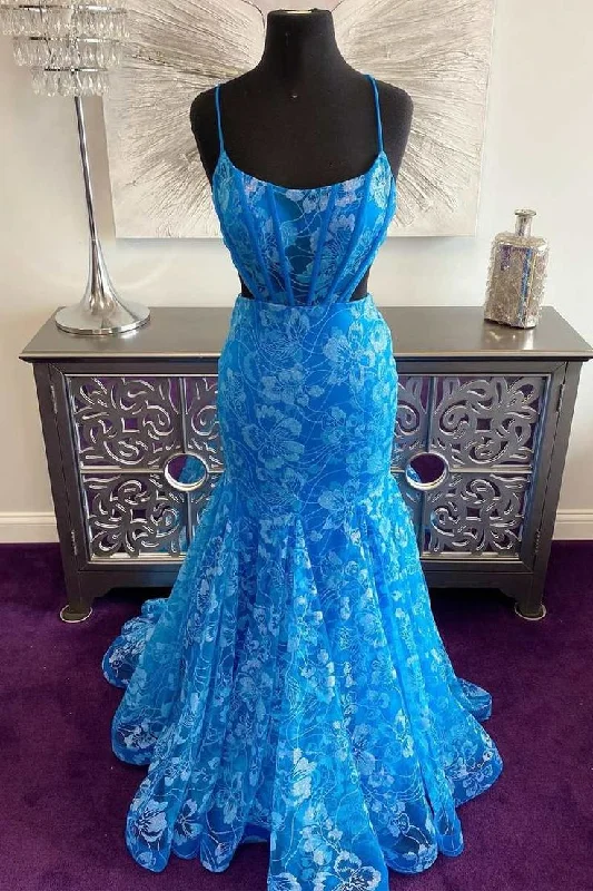 corset prom dressesBlue Floral Lace Backless Trumpet Long Prom Gown        S2497