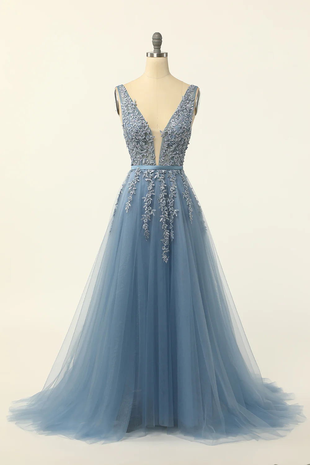 flutter sleeve prom dressesBlue Tulle Prom Dress with Appliques