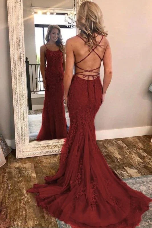 convertible prom dressesBurgundy Spaghetti straps Open Back Long Prom Dress     S2378