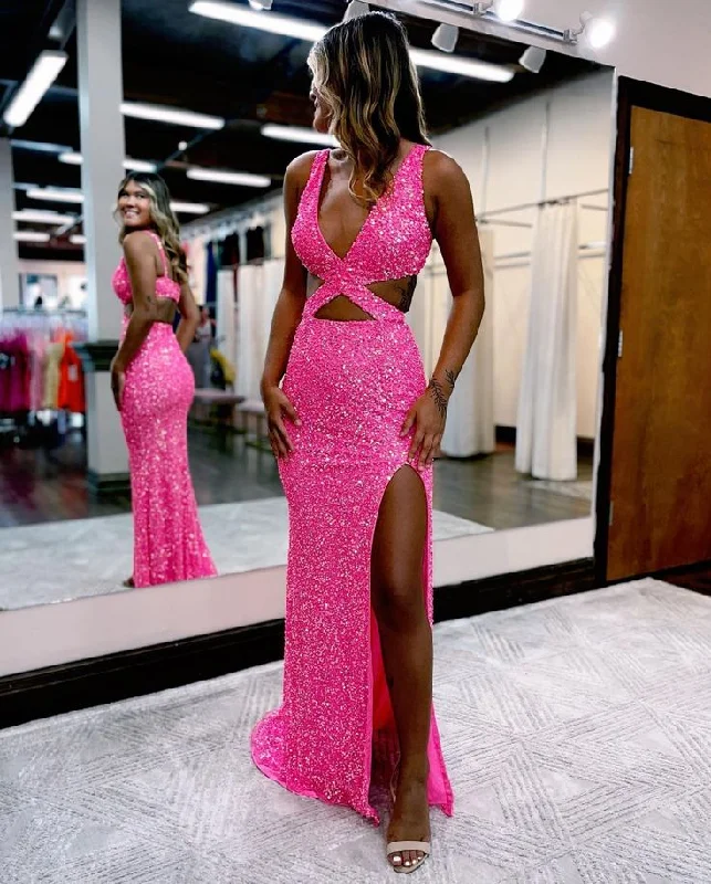 prom dresses with built-in petticoatsCharming Glitter Mermaid V Neck Hot Pink Sequins Prom Dresses with Slit    S2638