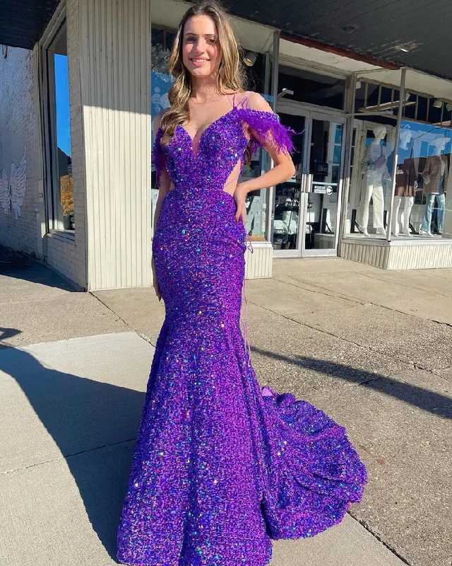 prom dresses with floral embroideryCharming Mermaid Purple Sequins Long Prom Dresses with Feather    S2478