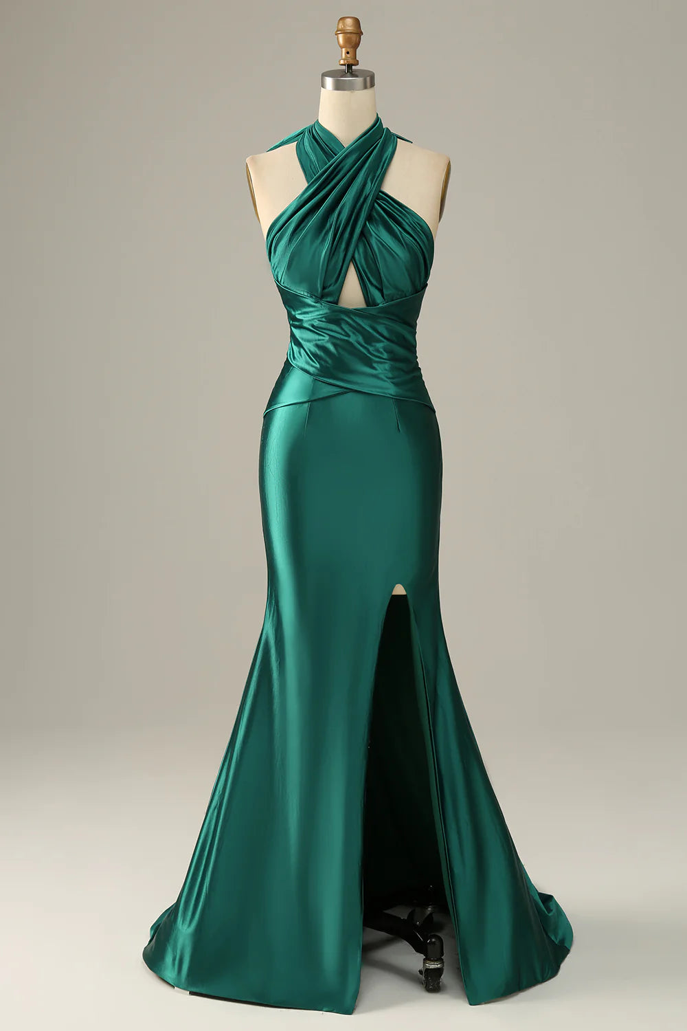 halter prom dressesDark Green Halter Lace Up Mermaid Prom Dress With Slit