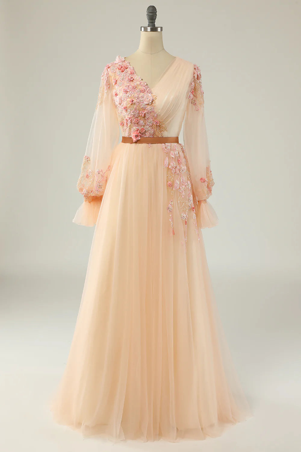 prom dresses for winterElegant A Line V Neck Apricot Long Prom Dress with Appliques