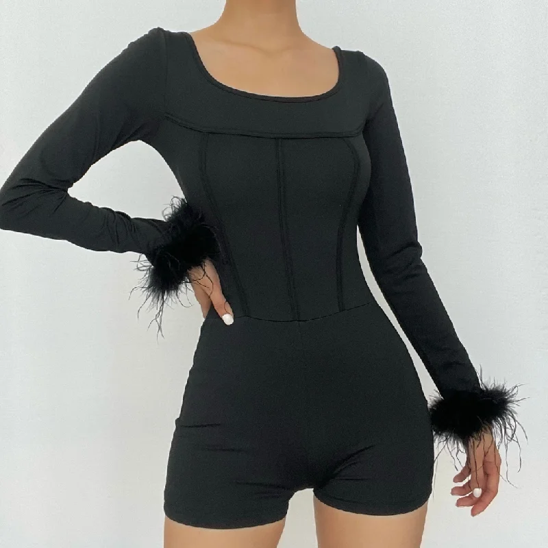 women's long sleeve tops with stretchable fabricBerryBetty - Feather corset long sleeve backless solid romper