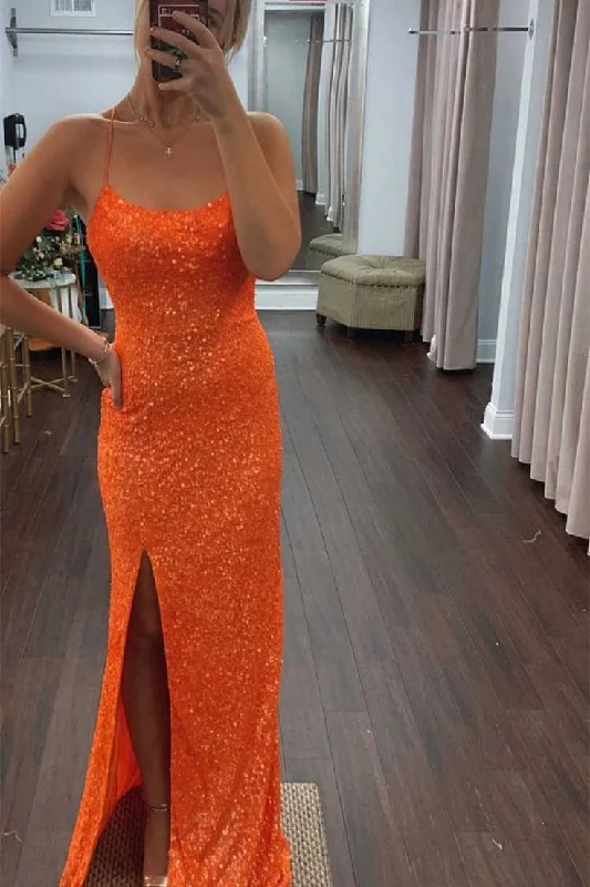 mermaid prom dressesGlitter Orange Sequins Long Prom dress with Slit    S2426