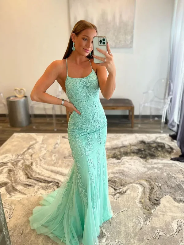 cap sleeve prom dressesGreen Lace Mermaid Long Prom Dress,Backless Formal Dress     S2429