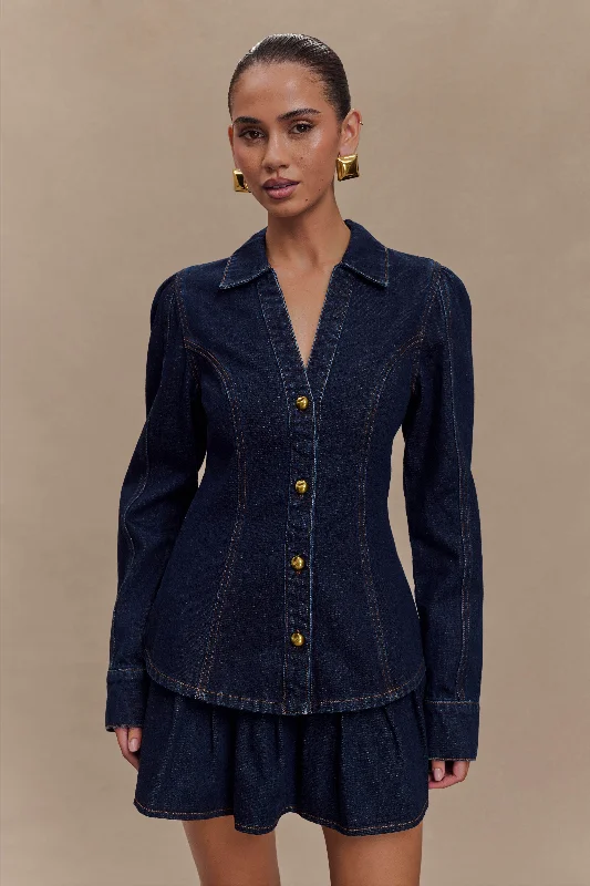 women's long sleeve tops with sustainable fabricHilary Long Sleeve Denim Top - Indigo Blue