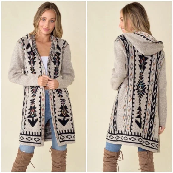 women's long sleeve tops with peplum hemsOatmeal Aztec Rainbow Western Hooded Knit Cardigan Long Sleeve Open Sweater