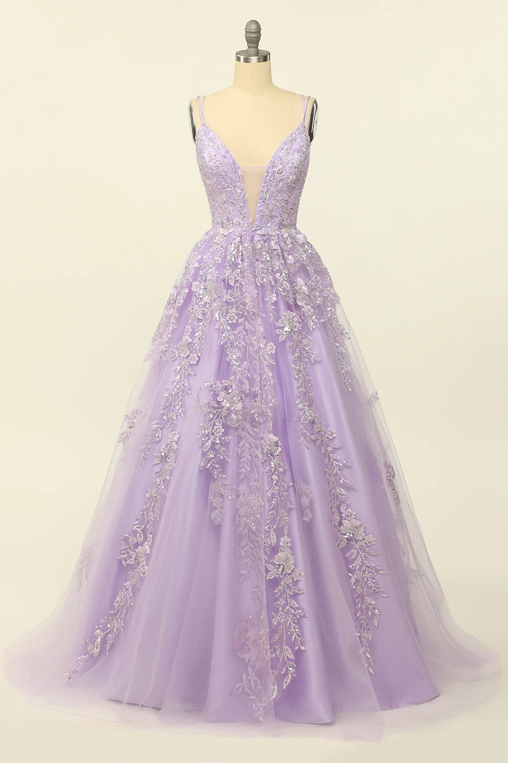 classic prom dressesPurple Spaghetti Straps Prom Dress With Appliques