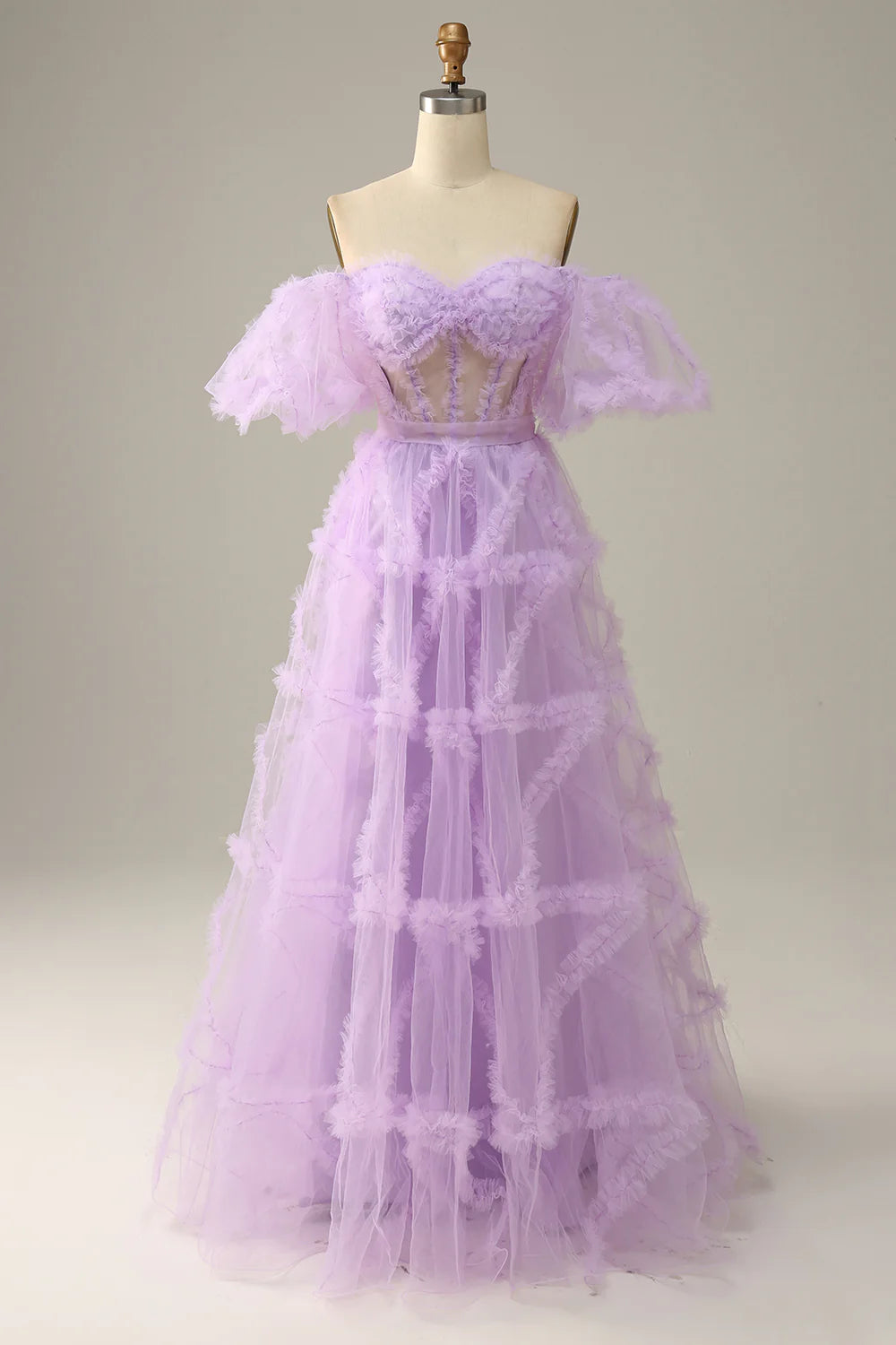 elegant prom dressesPurple Tulle Off The Shoulder Prom Dress