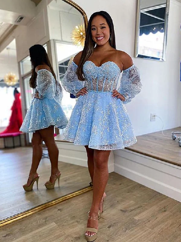 prom dress inspiration galleriesShort Light Blue Lace Prom Dresses, Light Blue Short Lace Formal Graduation Dresses       S2615