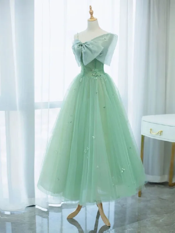 A-line prom dressesSimple Green Tulle Tea Length Prom Dress, Green Tulle Homecoming Dresses      S2689