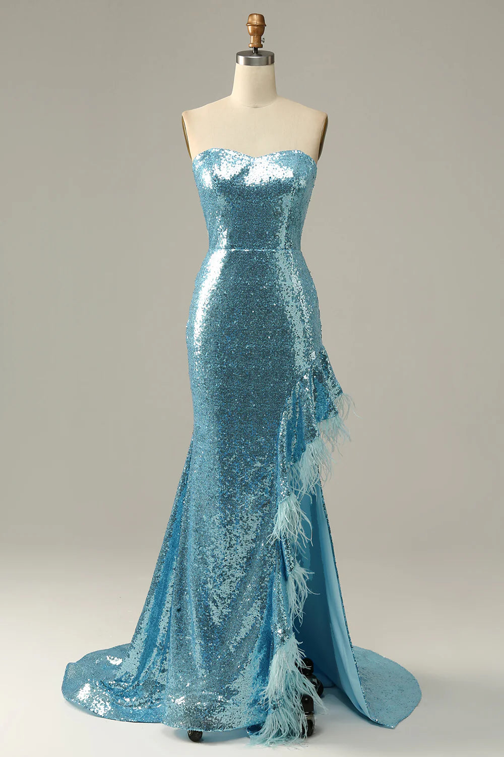 prom dresses with floral embroiderySky Blue Sweetheart Sequined Mermaid Prom Dress With Feathers