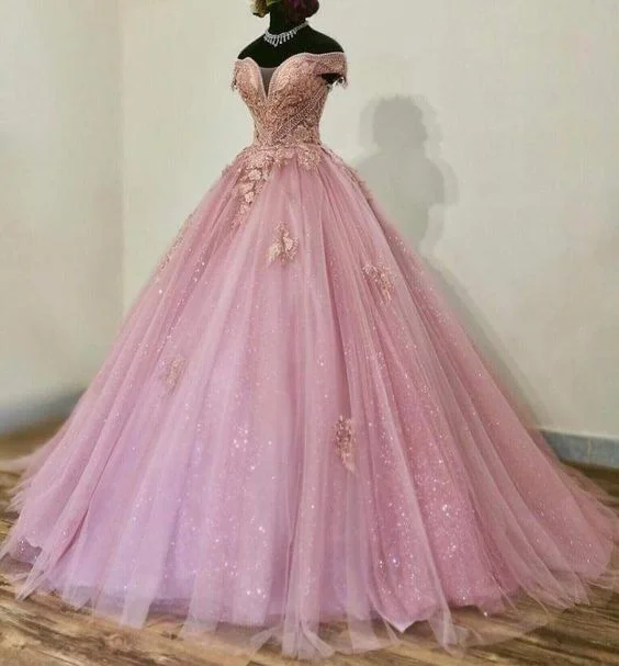 luxury prom dressesSparkly Prom Dresses Ball Gown Vestido De Graduacion Beaded Lace Applique Beaded Elegant Pink Prom Gowns      S2682