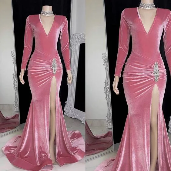 prom dress accessoriesVelvet prom dresses, pleats prom dresses, long sleeve prom dresses, pink prom dresses     S2456