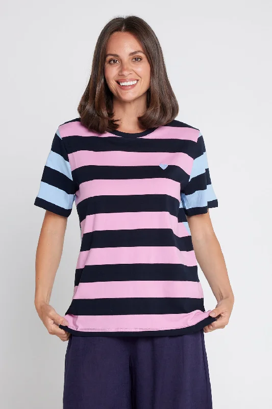 women's T-shirts for summerEden Stripe S/S Tee - Blue/Navy/Pink