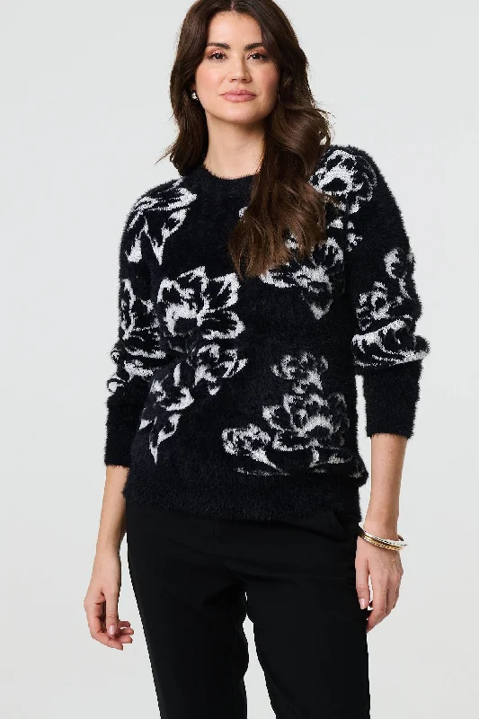 women's long sleeve tops with ribbed hemsFloral Soft Knit Long Sleeve Jumper