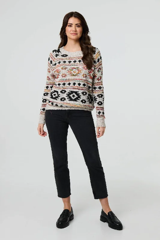 women's long sleeve tops with international brandingAztec Print Long Sleeve Knit Jumper