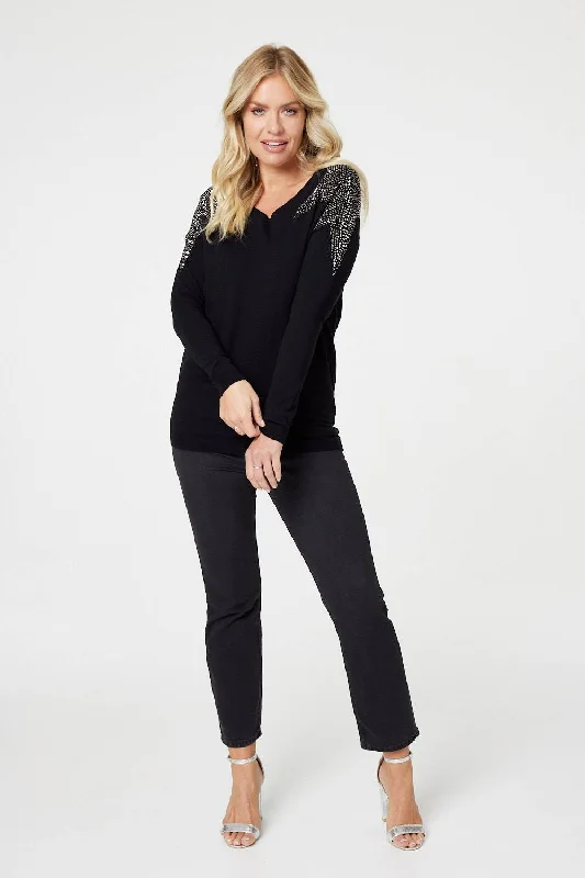 women's long sleeve tops for cocktail partiesStar Sequin Studded Long Sleeve Jumper