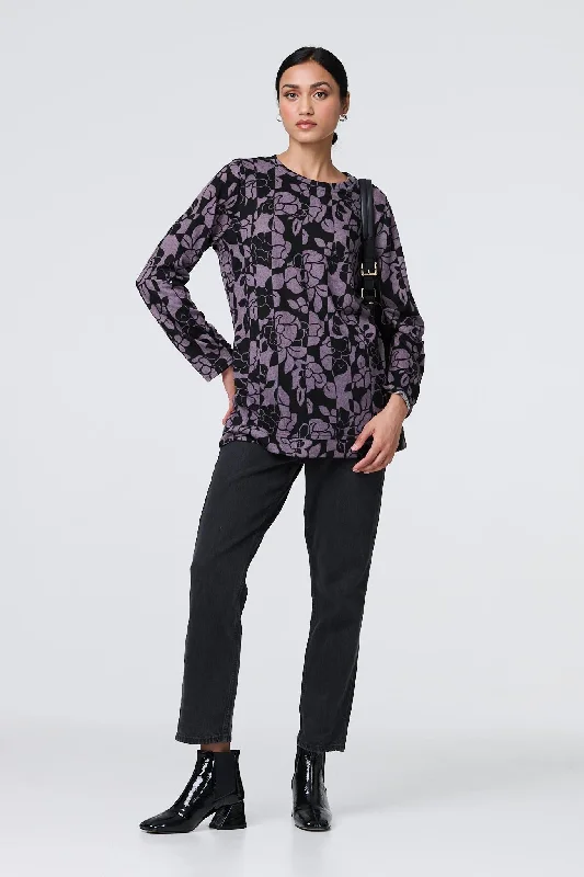 women's long sleeve tops for layeringFloral Print Relaxed Long Sleeve Top