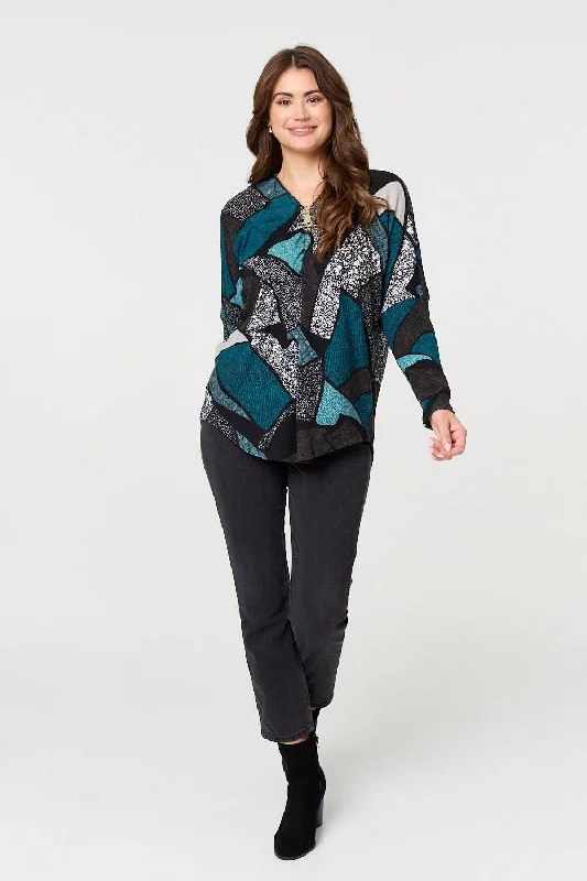 women's long sleeve tops for winterAbstract Print Zip-Front Long Sleeve Top