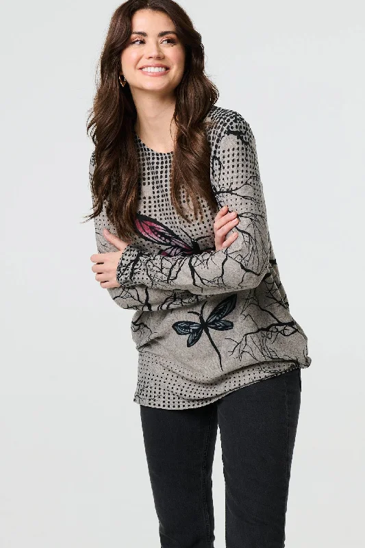 women's long sleeve tops with distressed finishesDragonfly Print Long Sleeve Tunic Top